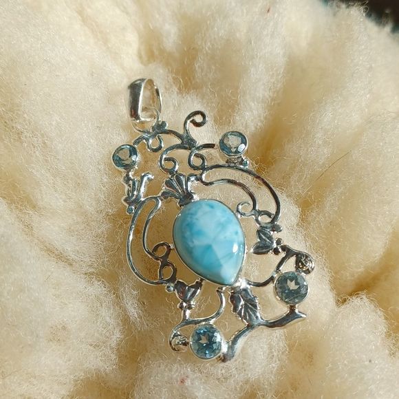 Lar y Mar stone with blue semiprecious stones likely topaz & 925… - Picture 6 of 7